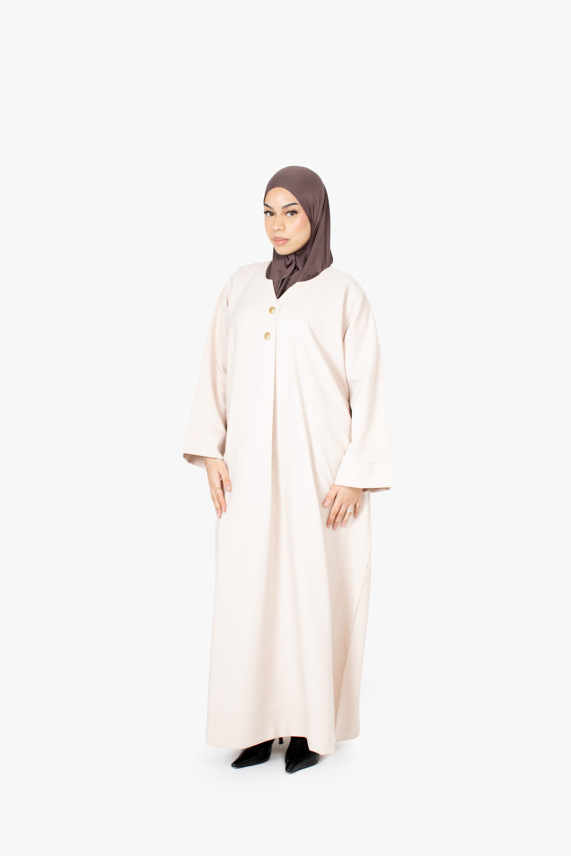 Cream V-Neck Pleat Abaya
