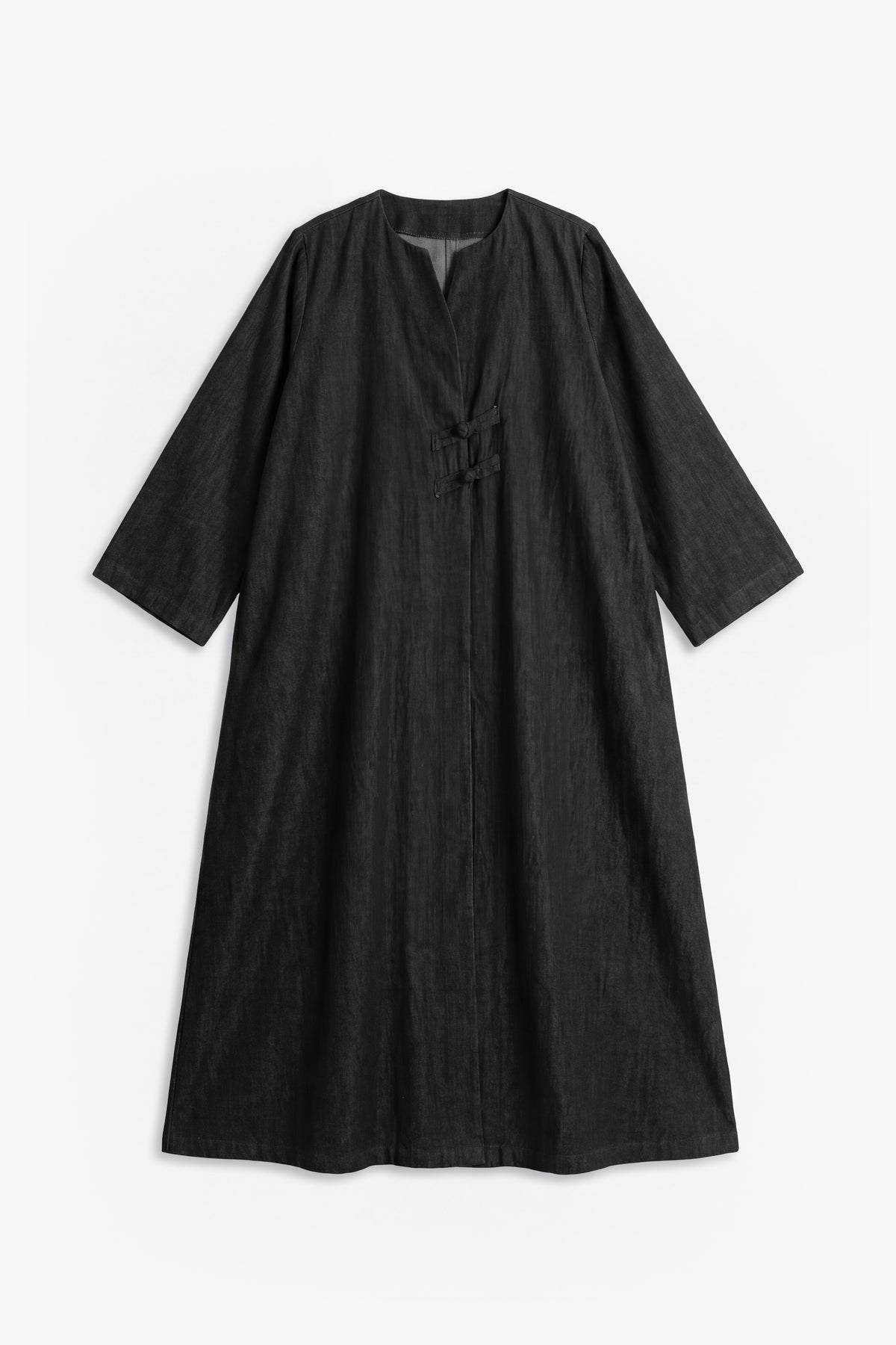 Black Denim Frog Button Open Abaya