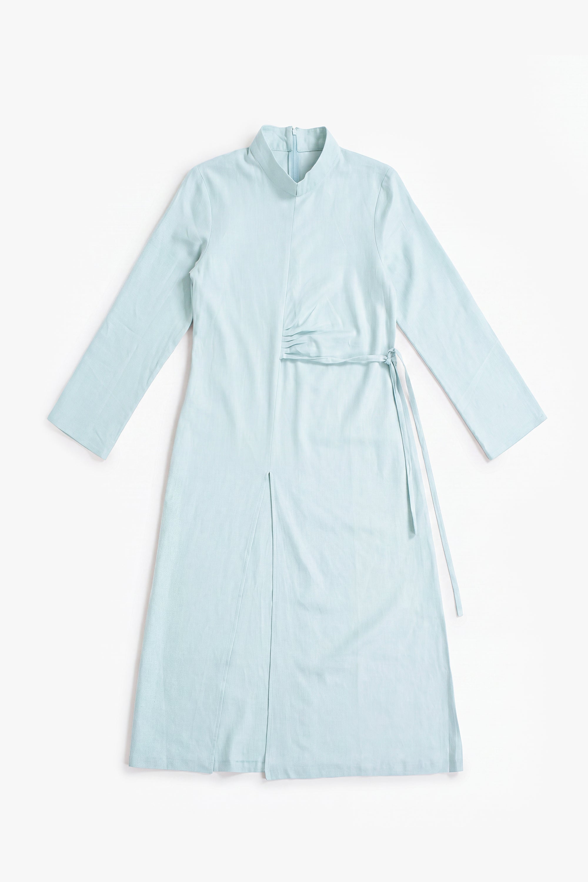 Baby Blue Linen Cotton Ruched Slit Dress