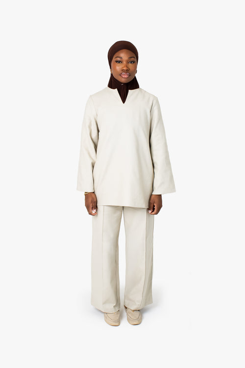 Beige Cotton Wide Leg Trousers