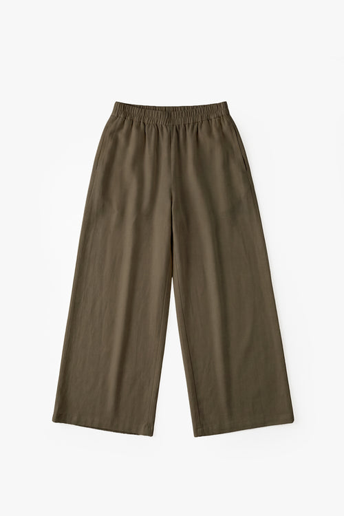 Olive Linen Cotton Wide Leg Trousers