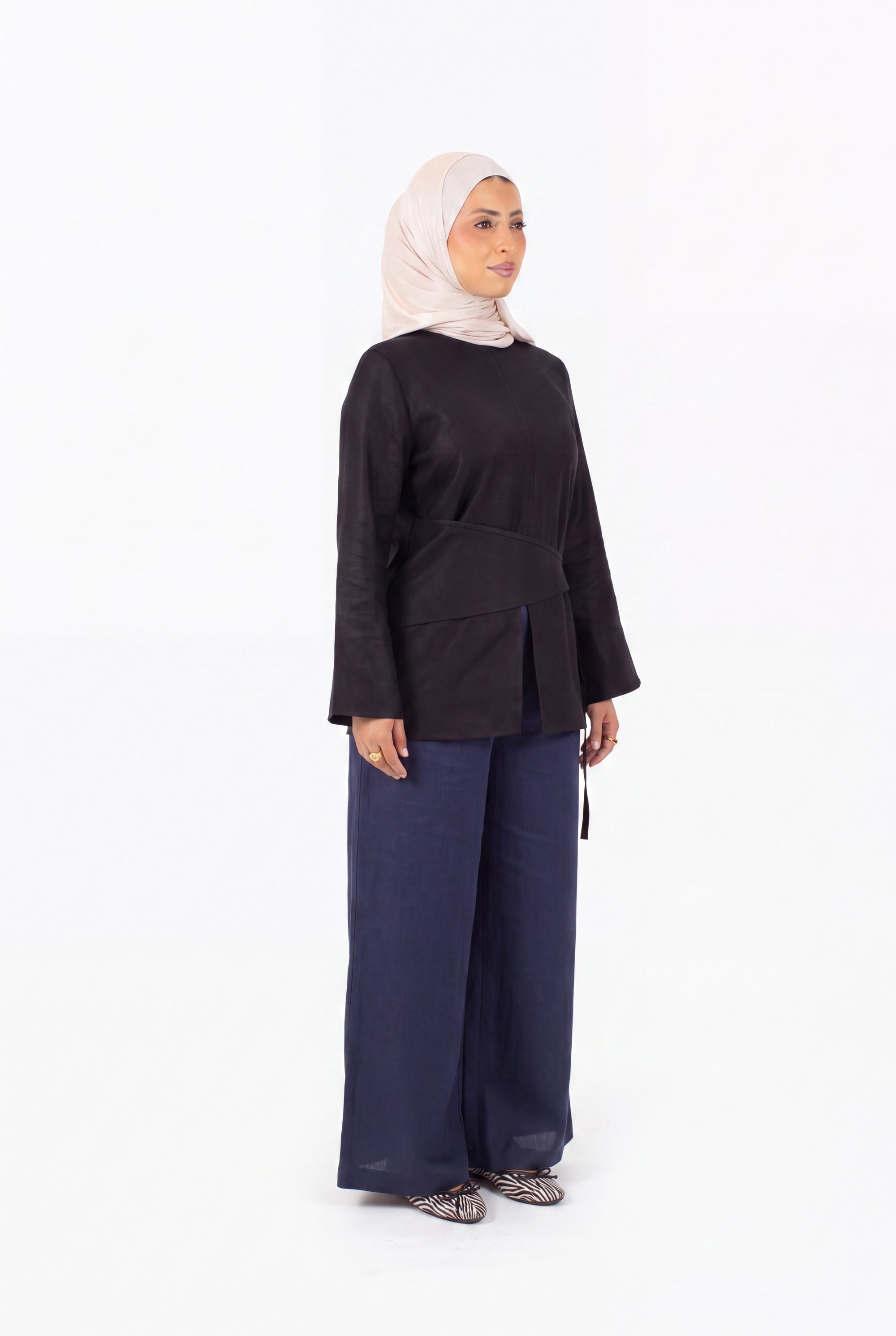 Navy Cotton Wide Leg Trousers