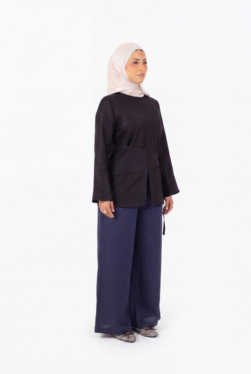Navy Cotton Wide Leg Trousers