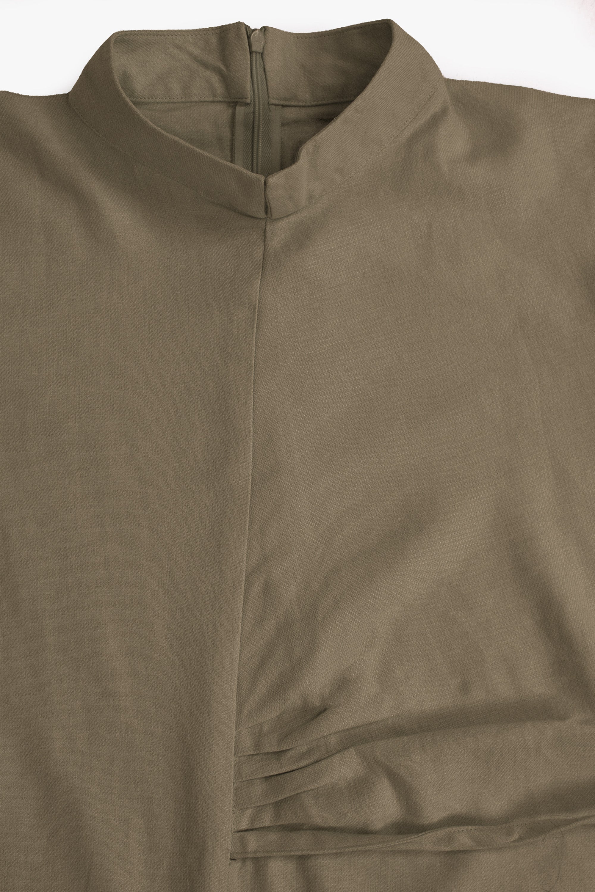 Olive Linen Cotton Ruched Slit Dress