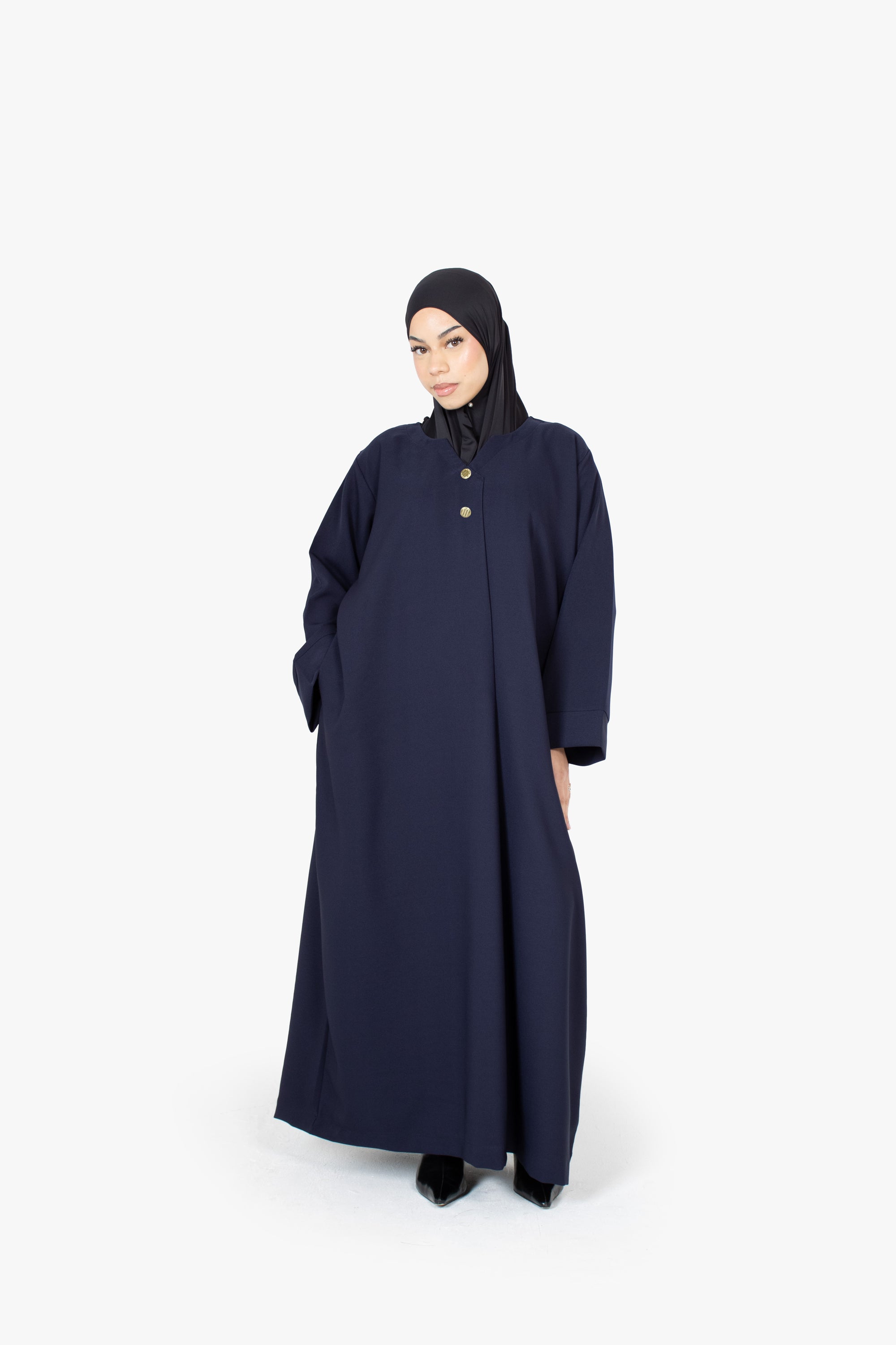 Navy V-Neck Pleat Abaya