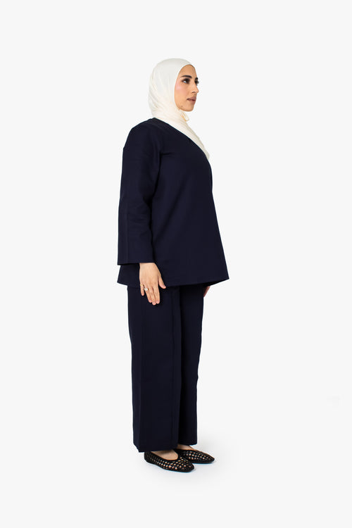 Navy Cotton Split Neck Top
