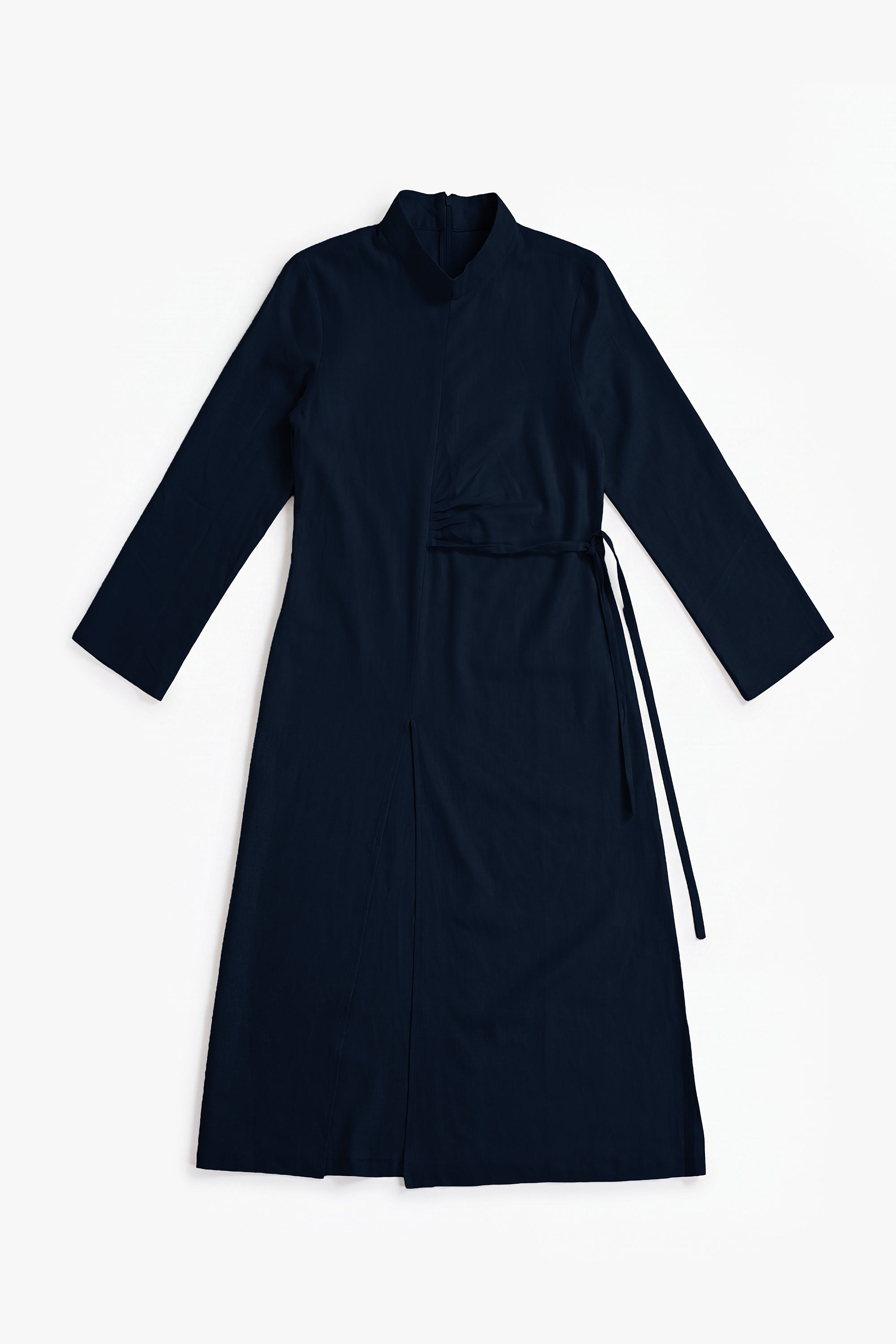 Navy Linen Cotton Ruched Slit Dress