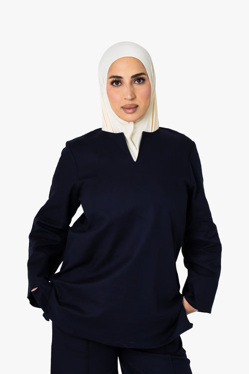 Navy Cotton Split Neck Top