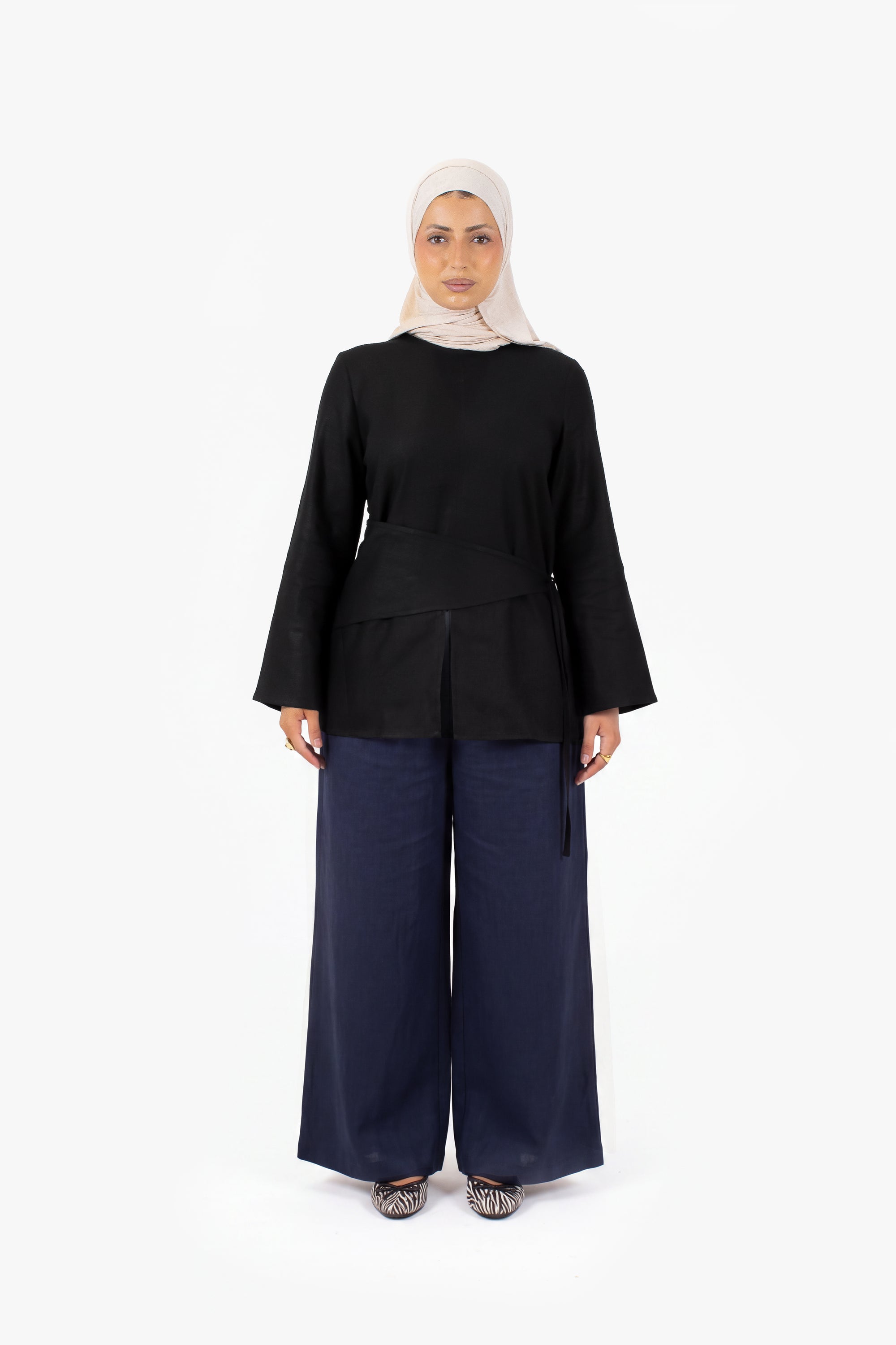 Navy Cotton Wide Leg Trousers