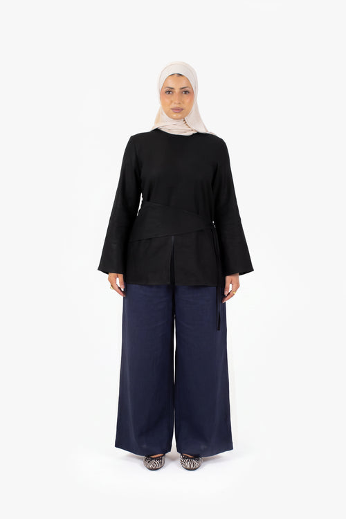 Navy Cotton Wide Leg Trousers
