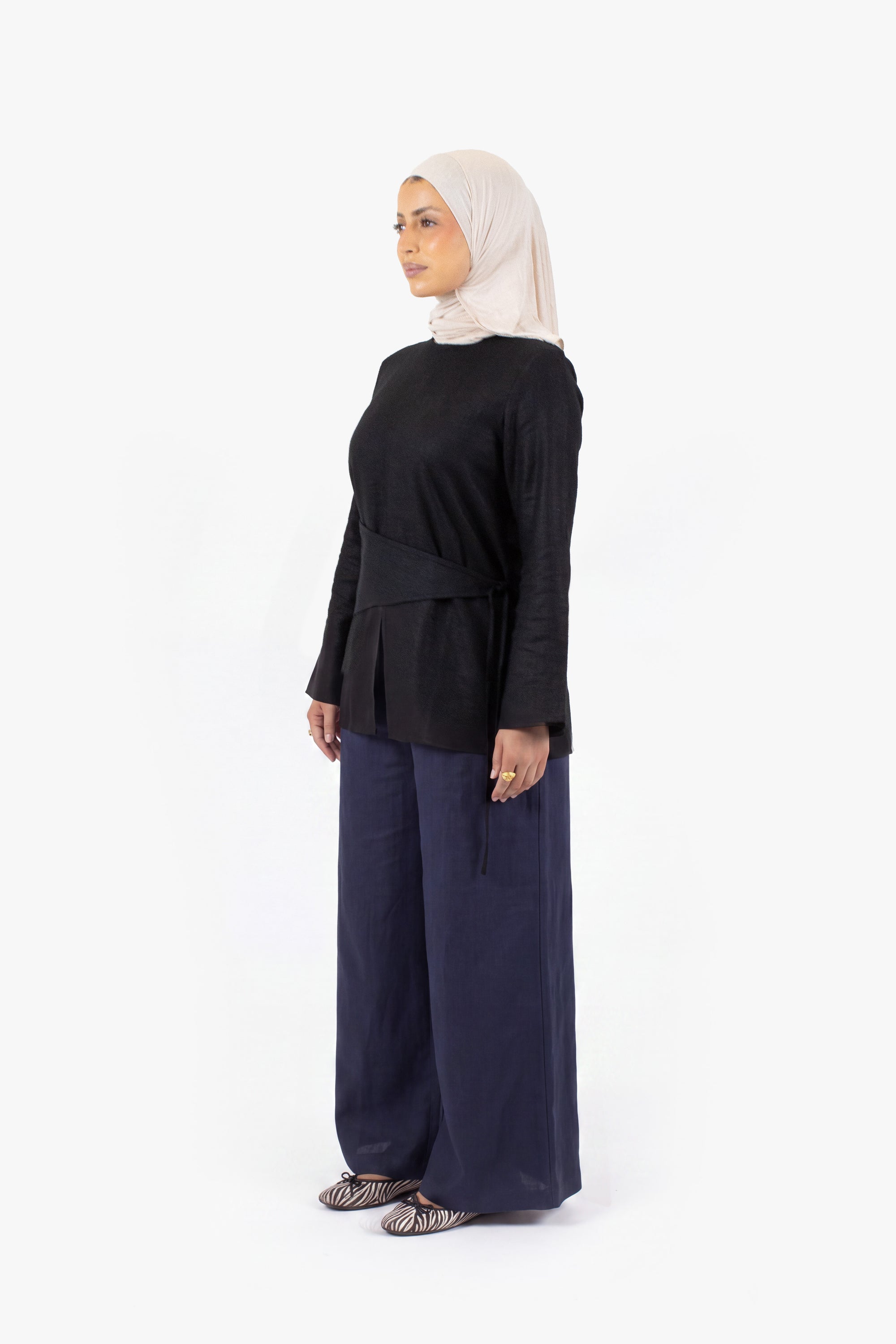 Navy Cotton Wide Leg Trousers