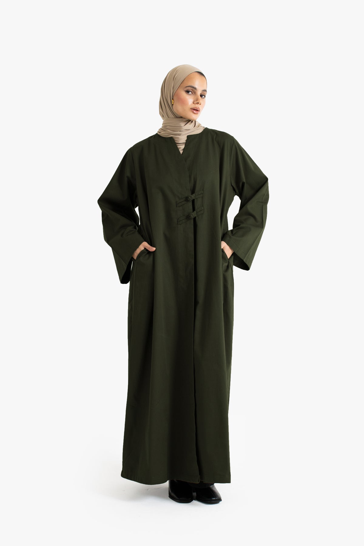Olive Cotton Frog Button Open Abaya