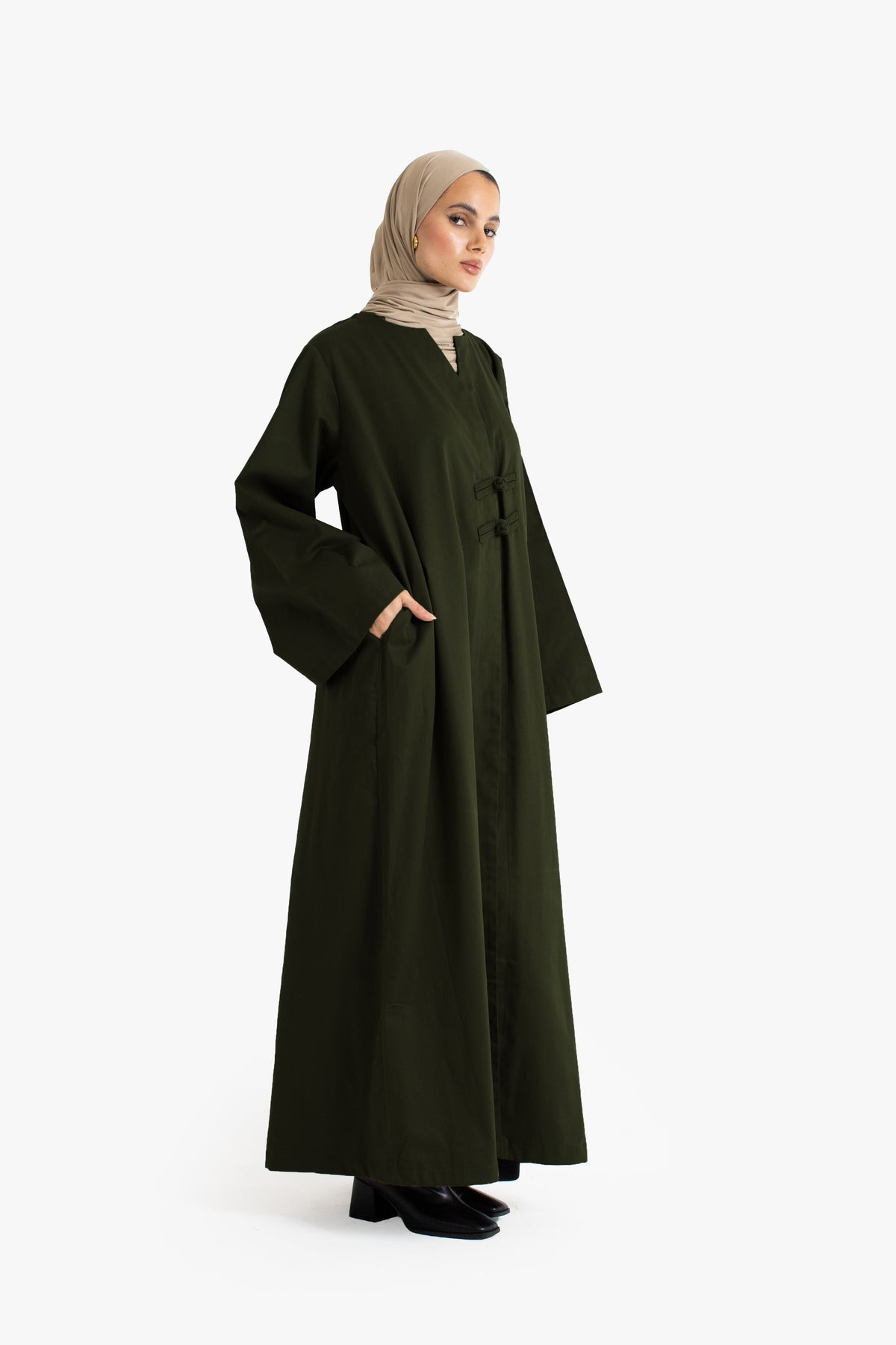 Olive Cotton Frog Button Open Abaya