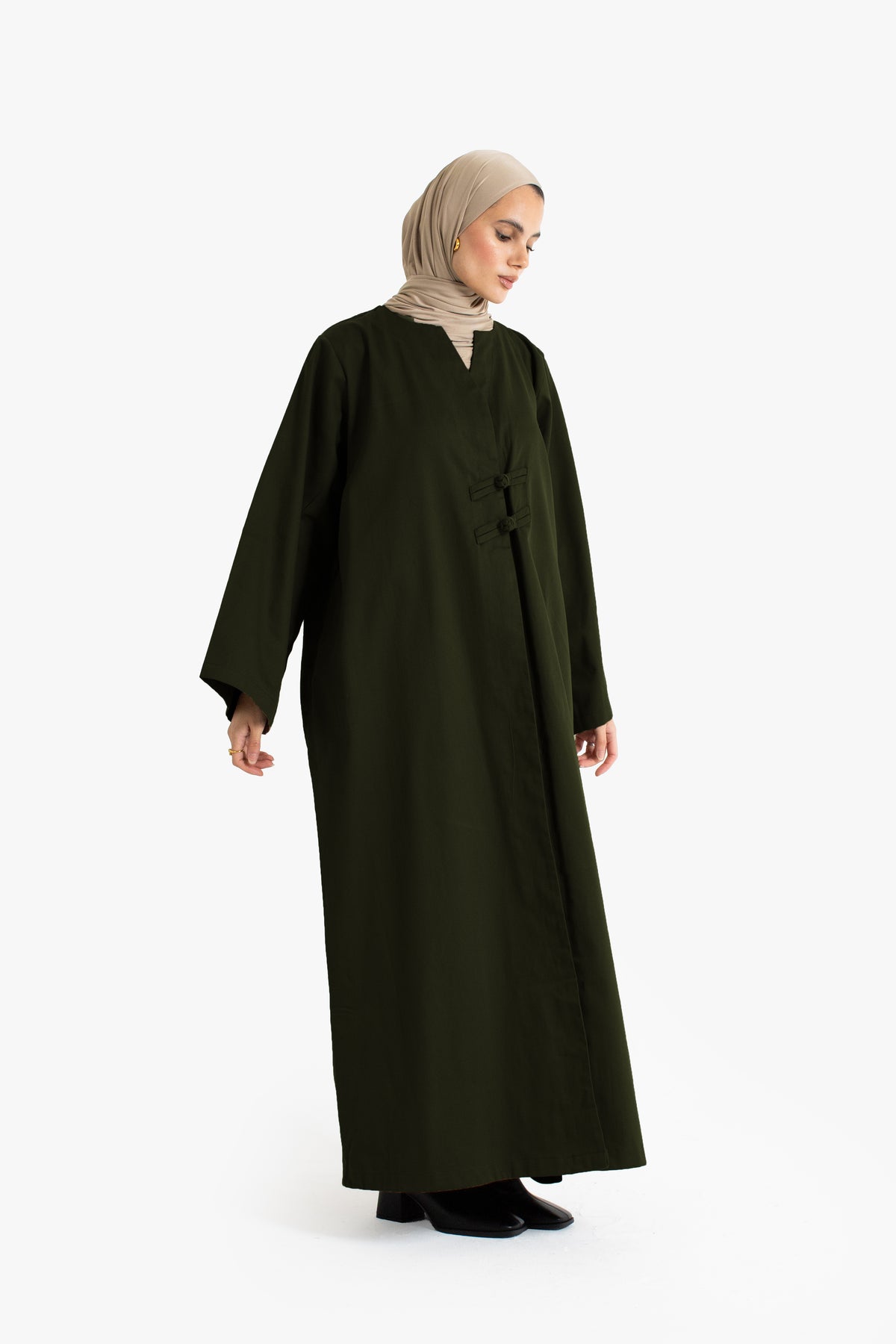 Olive Cotton Frog Button Open Abaya