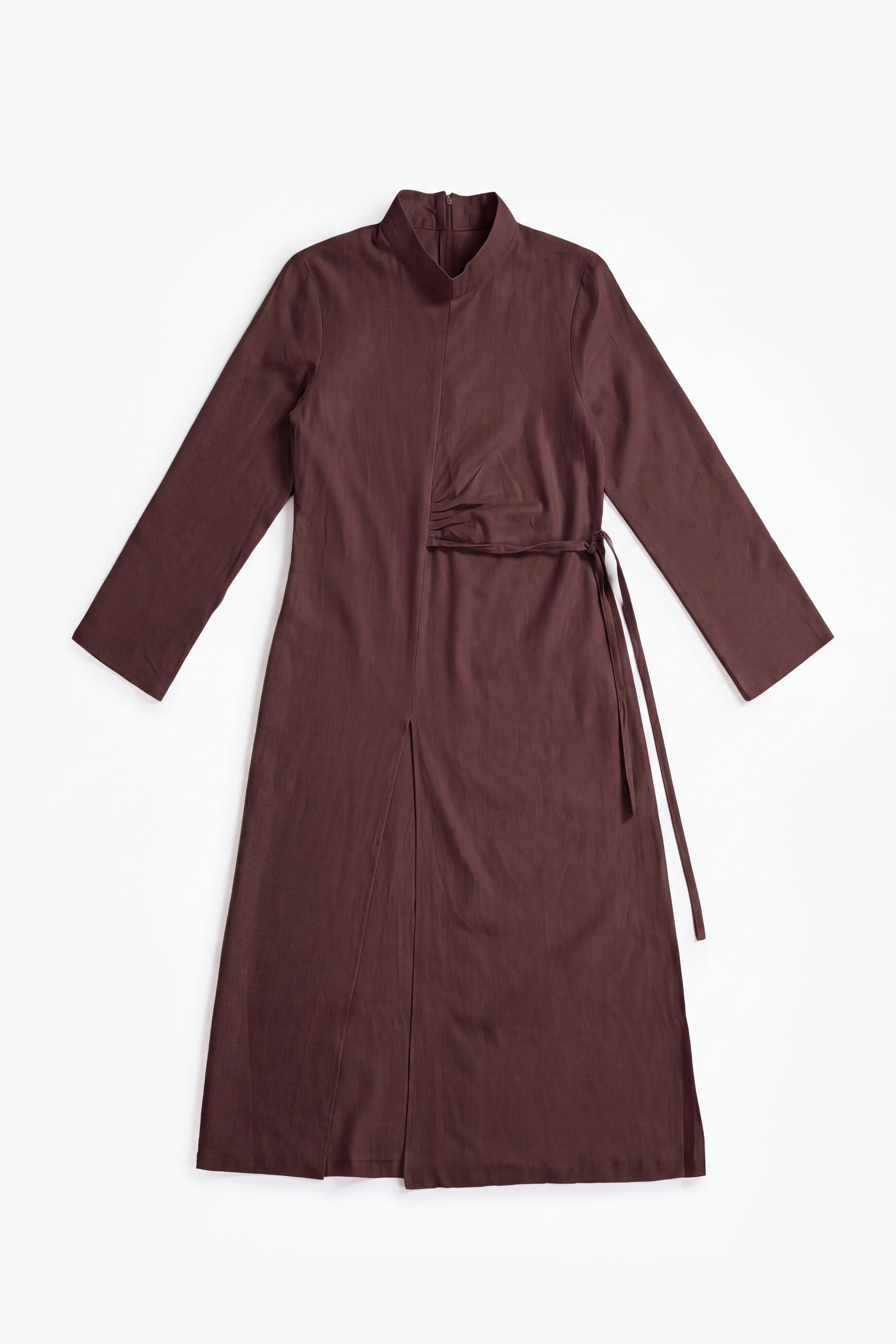 Chocolate Linen Cotton Ruched Slit Dress
