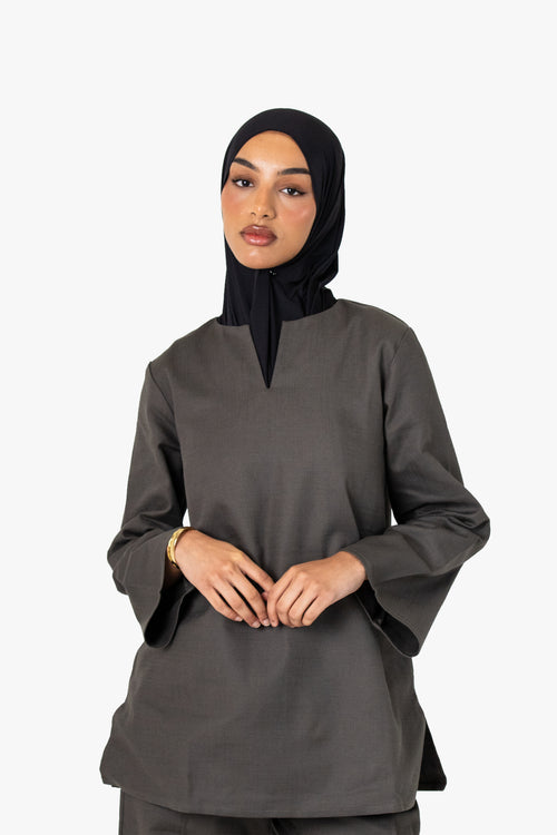 Khaki Cotton Split Neck Top