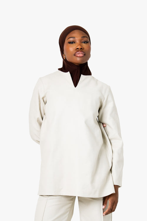 Beige Cotton Split Neck Top